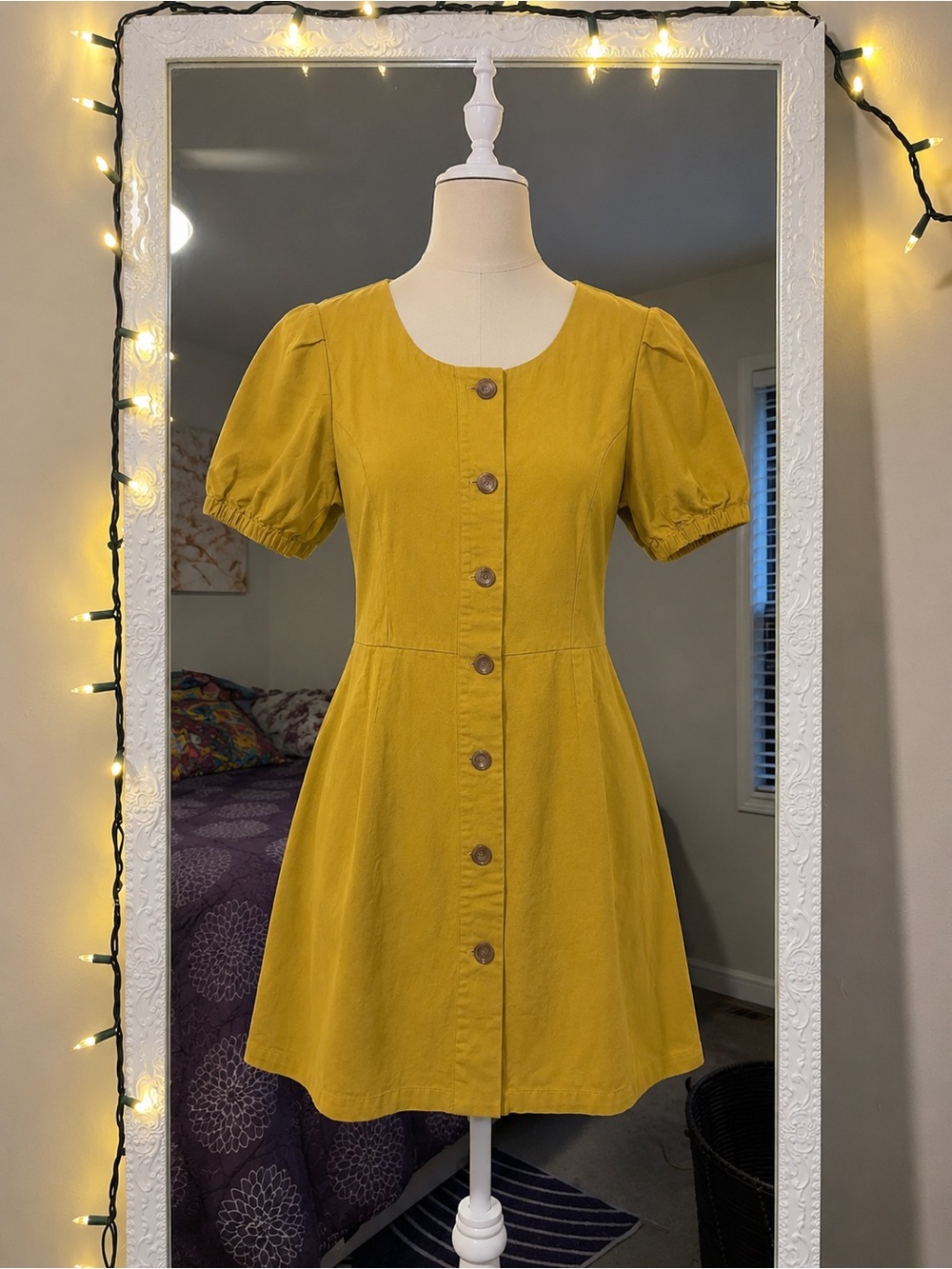 Sensemill Mustard Puff Sleeve Mini Dress – Size L
